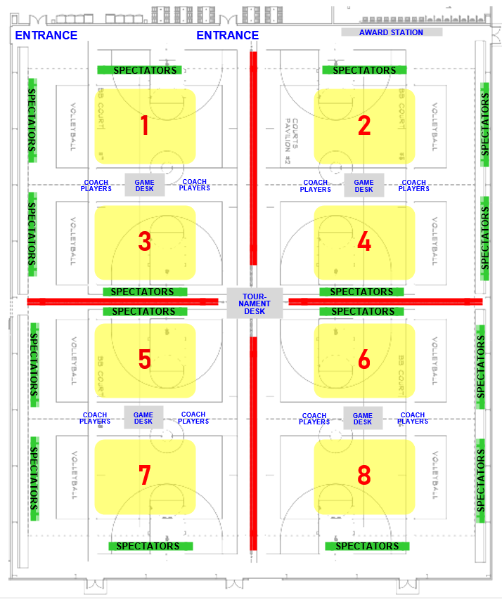Court map showing courts, spectator seating, and awards station